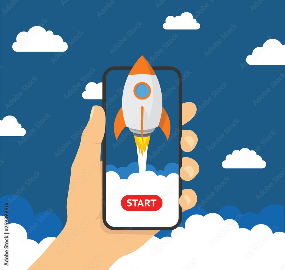 Poster hand holding smartphon with launch rocket on the screen - stock vector.