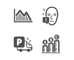Set of Truck parking, Investment graph and Face attention icons. Graph chart sign. Free park, Investment infochart, Exclamation mark. Growth report.  Classic design truck parking icon. Flat design
