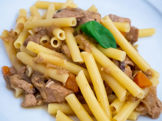 Italian short pasta dish with tuna Genoese, carrots onions and basil leaf