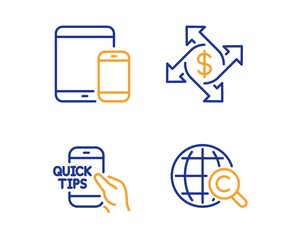 Education, Payment exchange and Mobile devices icons simple set. International Сopyright sign. Quick tips, Money transfer, Smartphone with tablet. World copywriting. Education set. Vector