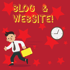 Conceptual hand writing showing Blog And Website. Concept meaning discussion or informational website published on WWW Man Carrying Briefcase Walking Past the Analog Wall Clock