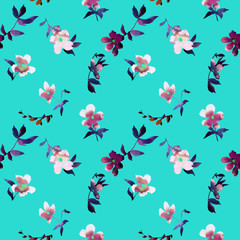 Watercolor floral seamless pattern. Botanical illustration with small blooming marigold flowers, petals and leaves. Good for bedding, fabric, textile, wallpaper, interior decor, wrapping, surface.