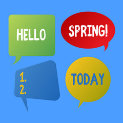 Writing note showing Hello Spring. Business concept for Welcoming season comes after winter Blossoming of plantes Speech Bubble Sticker in Different Shapes and Multiple Chat