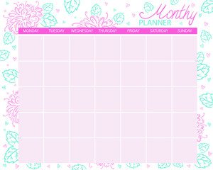 Monthly planner. Calendar for the month, planning tasks.