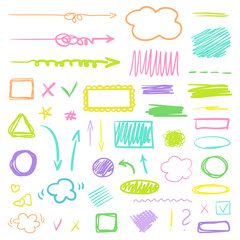 Hand drawn infographic elements on white. Abstract multicolored signs. Line art. Set of different geometric shapes. Colorful illustration. Doodles for artwork