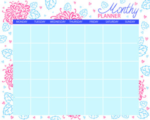 Monthly planner. Calendar for the month, planning tasks.