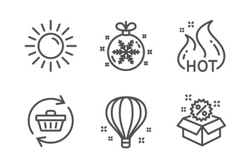 Hot sale, Sun and Air balloon icons simple set. Refresh cart, Christmas ball and Sale signs. Shopping flame, Summer. Holidays set. Line hot sale icon. Editable stroke. Vector