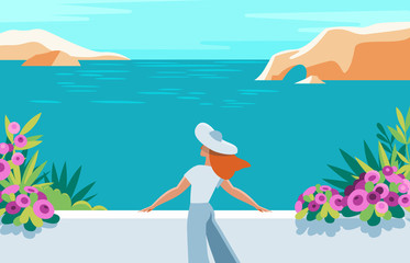 Fototapeta na wymiar Vector illustration in trendy flat and simple style - summer landscape and woman enjoying vacation