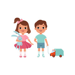Cute litlle boy and girl characters with toys, stage of growing up concept vector Illustration on a white background