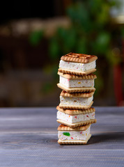 Cookies with marshmallows and marmalade on a wooden table. Fresh homemade pastries.