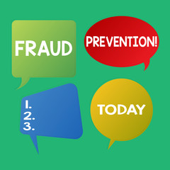 Word writing text Fraud Prevention. Business photo showcasing stop from doing or happening to hinder demonstrating acting Blank Speech Bubble Sticker in Different Shapes and Color for Multiple Chat