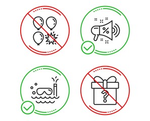 Do or Stop. Balloon dart, Scuba diving and Sale megaphone icons simple set. Secret gift sign. Attraction park, Trip swimming, Shopping. Unknown package. Holidays set. Line balloon dart do icon