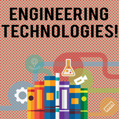 Text sign showing Engineering Technologies. Business photo showcasing application of scientific and engineering knowledge Books Arranged Standing Up in Row with Assorted Educational Icons Behind