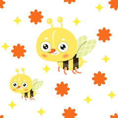 Seamless pattern with cheerful bees and flowers on white background. Childish pattern with bees