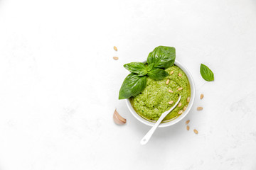 Pesto in white bowl, view from above