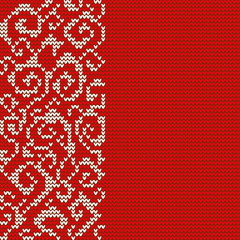 Fototapeta na wymiar Abstract ethnic white knitted pattern on red background. The pattern is located on the right side of the canvas.