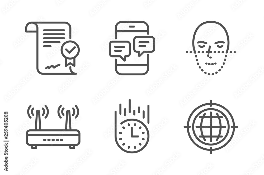 Poster wifi, phone messages and face recognition icons simple set. approved agreement, fast delivery and se