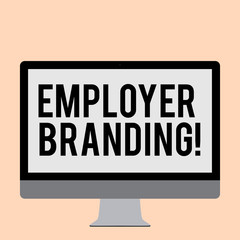 Fototapeta premium Word writing text Employer Branding. Business photo showcasing process promoting company of choice desired target group Blank White Computer Monitor WideScreen Mounted on a Stand for Technology