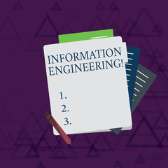 Writing note showing Information Engineering. Business concept for deals with distribution and knowledge in systems Lined Paper Stationery Partly into View from Pastel Folder