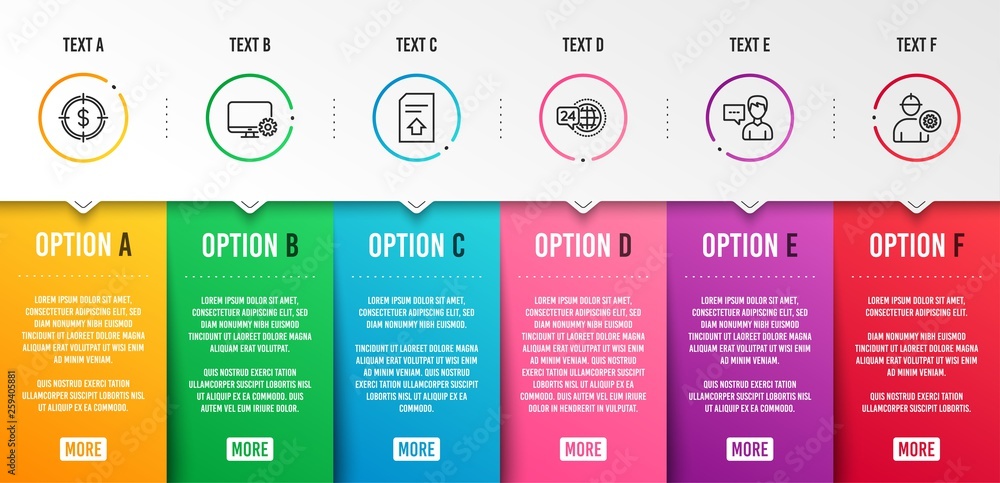 Poster dollar target, 24h service and person talk icons simple set. monitor settings, upload file and engin