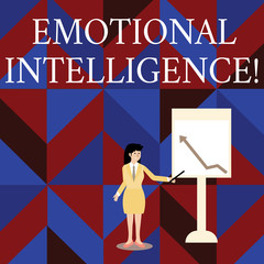 Writing note showing Emotional Intelligence. Business concept for Ability to identify and analysisage own and other emotions Woman Holding Stick Pointing to Chart of Arrow on Whiteboard