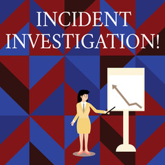 Writing note showing Incident Investigation. Business concept for Account and analysis of an incident based on evidence Woman Holding Stick Pointing to Chart of Arrow on Whiteboard