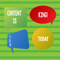 Conceptual hand writing showing Content Is King. Concept meaning marketing focused growing visibility non paid search results Speech Bubble Sticker in Different Shapes and Multiple Chat