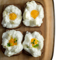 Preparing of orsini eggs cooking with green onion flat lay