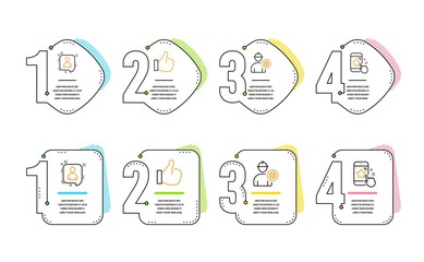 Engineer, Developers chat and Like icons simple set. Star rating sign. Worker with cogwheel, Manager talk, Thumbs up. Phone feedback. People set. Infographic timeline. Line engineer icon. Vector