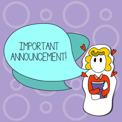 Writing note showing Important Announcement. Business concept for A significant public notification or declaration Girl Holding Book with Hearts Around her and Speech Bubble