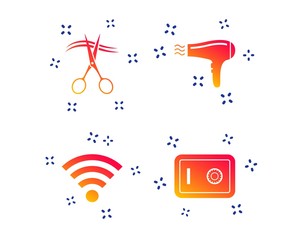 Fototapeta na wymiar Hotel services icons. Wi-fi, Hairdryer and deposit lock in room signs. Wireless Network. Hairdresser or barbershop symbol. Random dynamic shapes. Gradient wifi icon. Vector