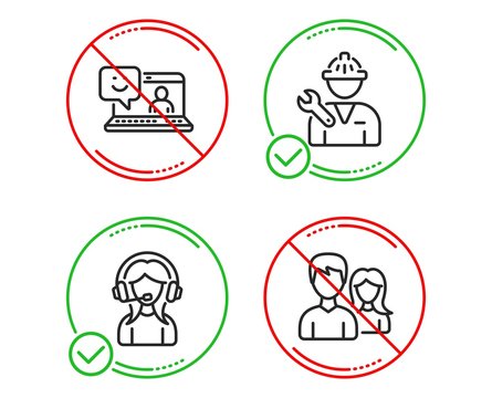 Do Or Stop. Support, Smile And Repairman Icons Simple Set. Teamwork Sign. Call Center, Laptop Feedback, Repair Service. Man With Woman. People Set. Line Support Do Icon. Prohibited Ban Stop. Vector