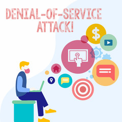 Handwriting text Denial Of Service Attack. Conceptual photo Attack meant to shut down a machine or network Man Sitting Down with Laptop on his Lap and SEO Driver Icons on Blank Space