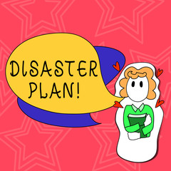 Conceptual hand writing showing Disaster Plan. Concept meaning process or set of procedures to execute organizations recovery Girl Holding Book with Hearts Around her and Speech Bubble