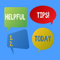 Writing note showing Helpful Tips. Business concept for secret information or advice given to be helpful knowledge Speech Bubble Sticker in Different Shapes and Multiple Chat