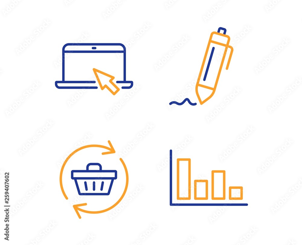 Poster signature, refresh cart and portable computer icons simple set. histogram sign. written pen, online 