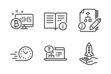 Technical info, Algorithm and Bitcoin system icons simple set. Online help, Fast delivery and Crowdfunding signs. Documentation, Project. Technology set. Line technical info icon. Editable stroke