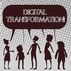 Handwriting text Digital Transformation. Conceptual photo includes technology and process changes in a business Silhouette Figure of People Talking and Sharing One Colorful Speech Bubble