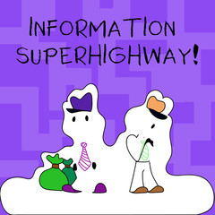 Text sign showing Information Superhighway. Business photo text Internet type network computers connect individuals Figure of Two Men Standing with Pouch Bag on White Sticker Style Snow Effect