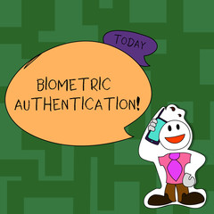Text sign showing Biometric Authentication. Business photo text identity verification involves biological input Smiley Face Man in Necktie Holding Smartphone to his Head in Sticker Style