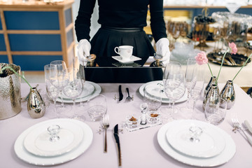 Waitress with tray puts the dishes, table setting