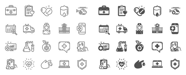 Medical rx line icons. Hospital assistance, Ambulance, Health food diet, Laboratory tubes icons. First aid kit, Medical doctor, Prescription Rx recipe. Drop counter, Ambulance emergency car. Vector
