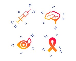 Medicine icons. Syringe, eye with drop, brain and ribbon signs. Breast cancer awareness symbol. Human smart mind. Random dynamic shapes. Gradient health icon. Vector