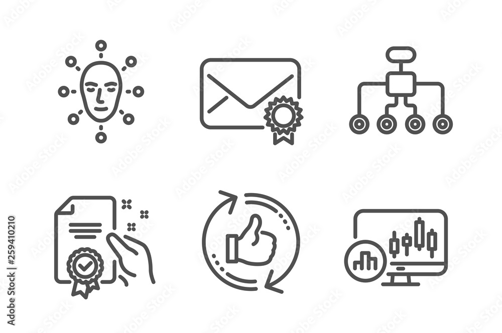 Poster refresh like, face biometrics and restructuring icons simple set. certificate, verified mail and can