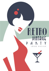 Vintage party logo design, embelm with smart dressed woman, element for poster, banner, flyer, card, brochure, invitation card vector Illustration