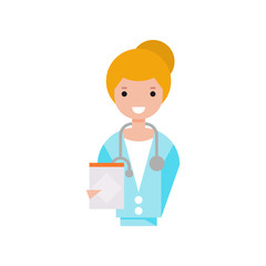 Female doctor character, girl in white coat with stethoscope holding clipboard vector Illustration on a white background