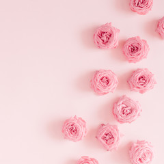 Beautiful flowers composition. Pink rose flowers on pastel pink background. Valentines Day, Easter, Birthday, Happy Women's Day, Mother's day. Flat lay, top view, copy space 
