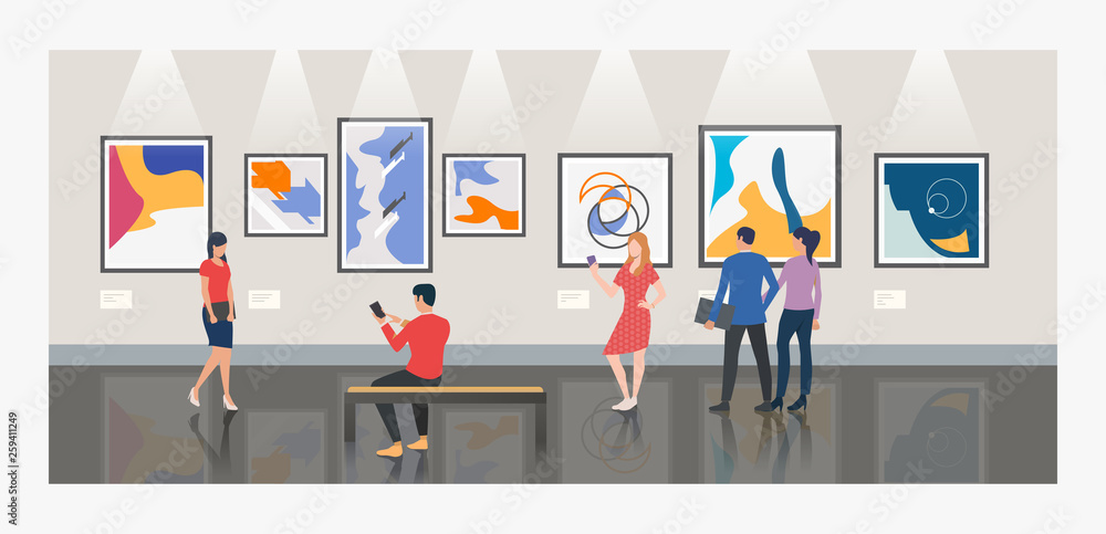 Wall mural men and women visiting museum or art gallery vector illustration