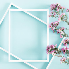 Beautiful flowers composition. Blank frame for text, pink flowers, on pastel blue background. Valentines Day, Easter, Birthday, Mother's day. Flat lay, top view, copy space