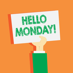 Handwriting text writing Hello Monday. Conceptual photo indicate starting fresh new week welcoming it with smile Clipart of Hand Holding Up Blank Sheet of White Paper on Pastel Backdrop